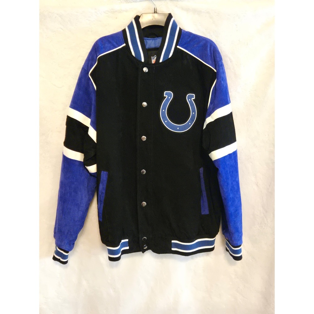 NFL Indianapolis Colts Mens Large Leather Varsity Jacket Suede Finish Blue Black